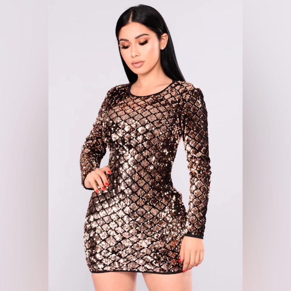 Fashion Nova | Shining Diamond Sequin Dress - Rose Gold-Size M